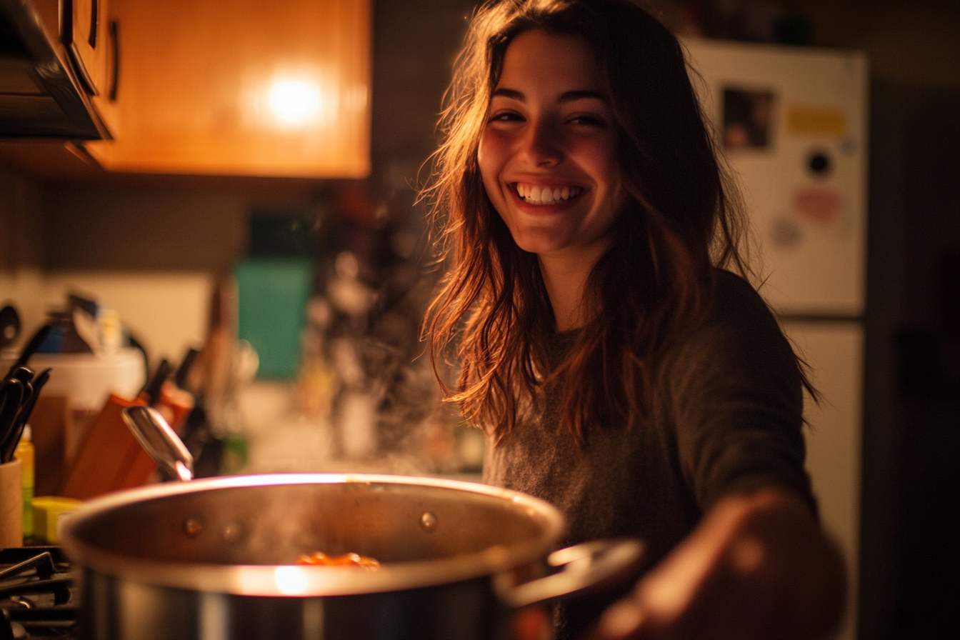 A woman cooking happily | Source: Midjourney