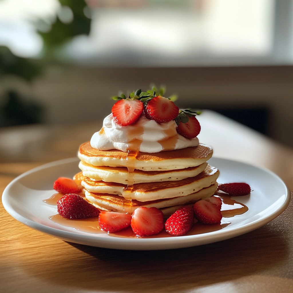 A stack of strawberry pancakes | Source: Midjourney