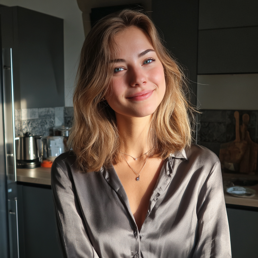 A smiling woman wearing a silk blouse | Source: Midjourney