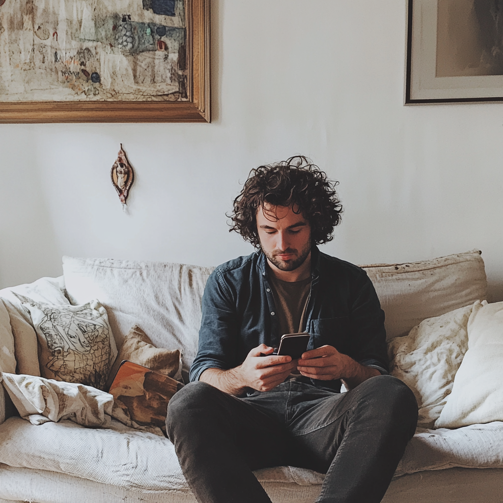 A man sitting on a couch and using his phone | Source: Midjourney