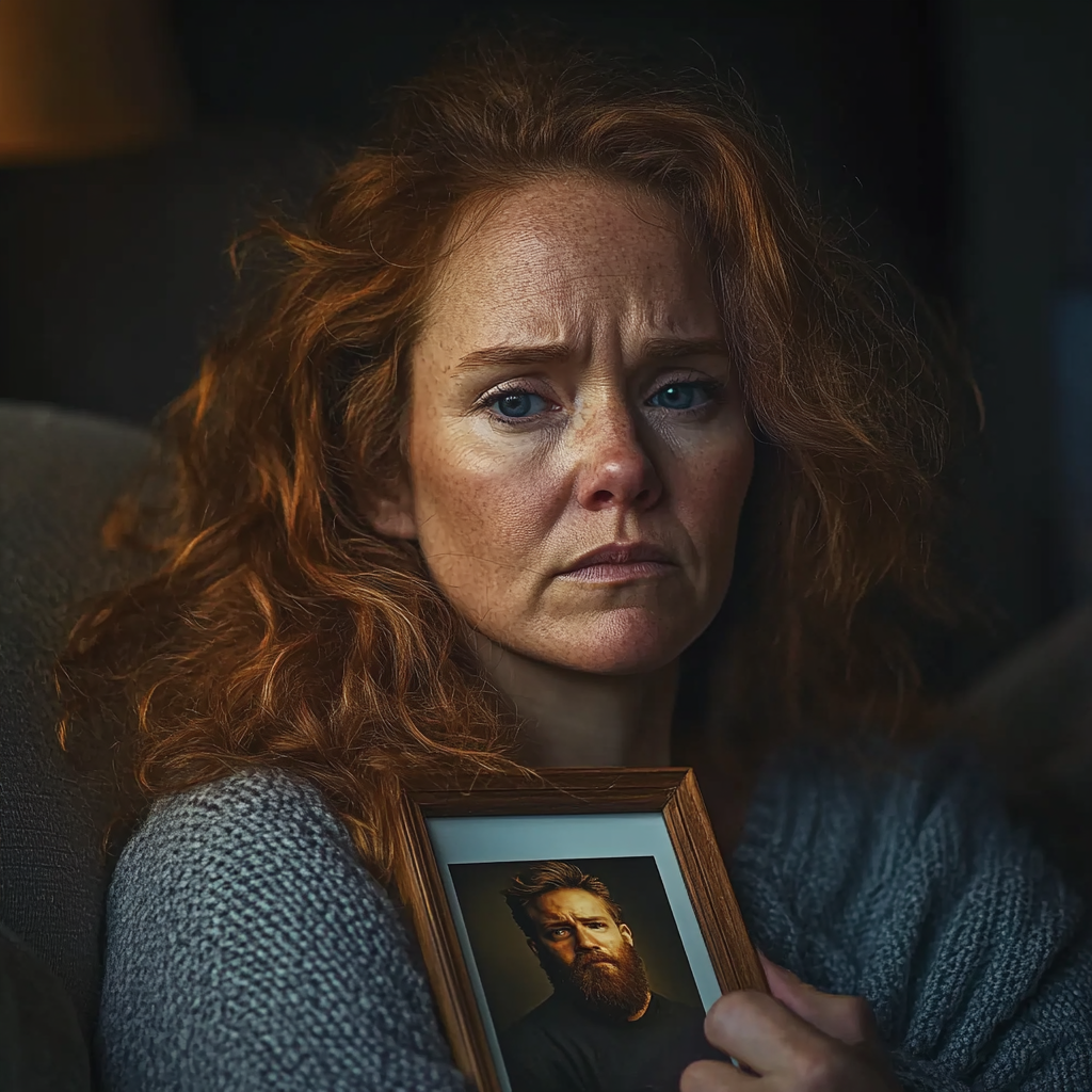 A grieving woman holding a man's framed photo | Source: Midjourney