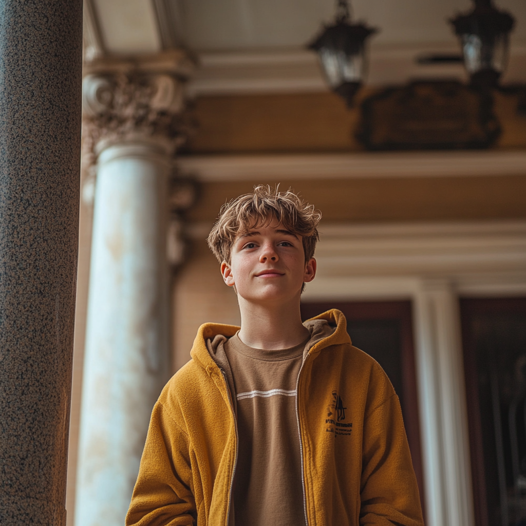 Boy standing at a college building | Source: Midjourney