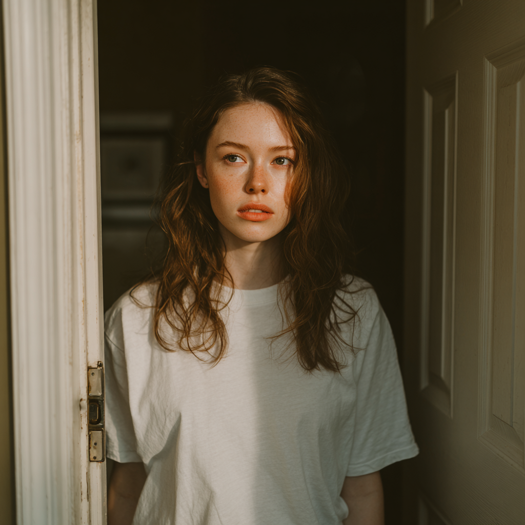 A young woman standing at her front door | Source: Midjourney