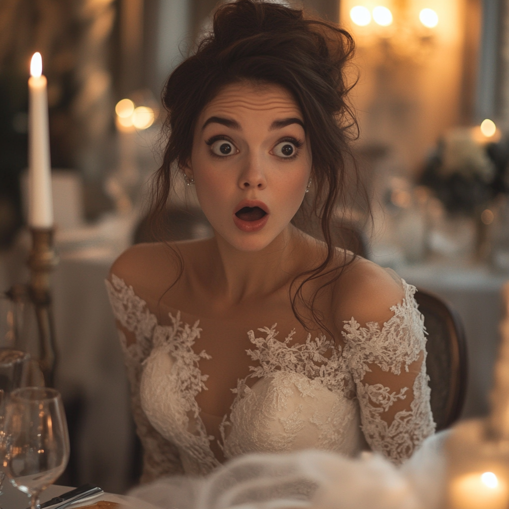 A shocked bride sitting at a table | Source: Midjourney