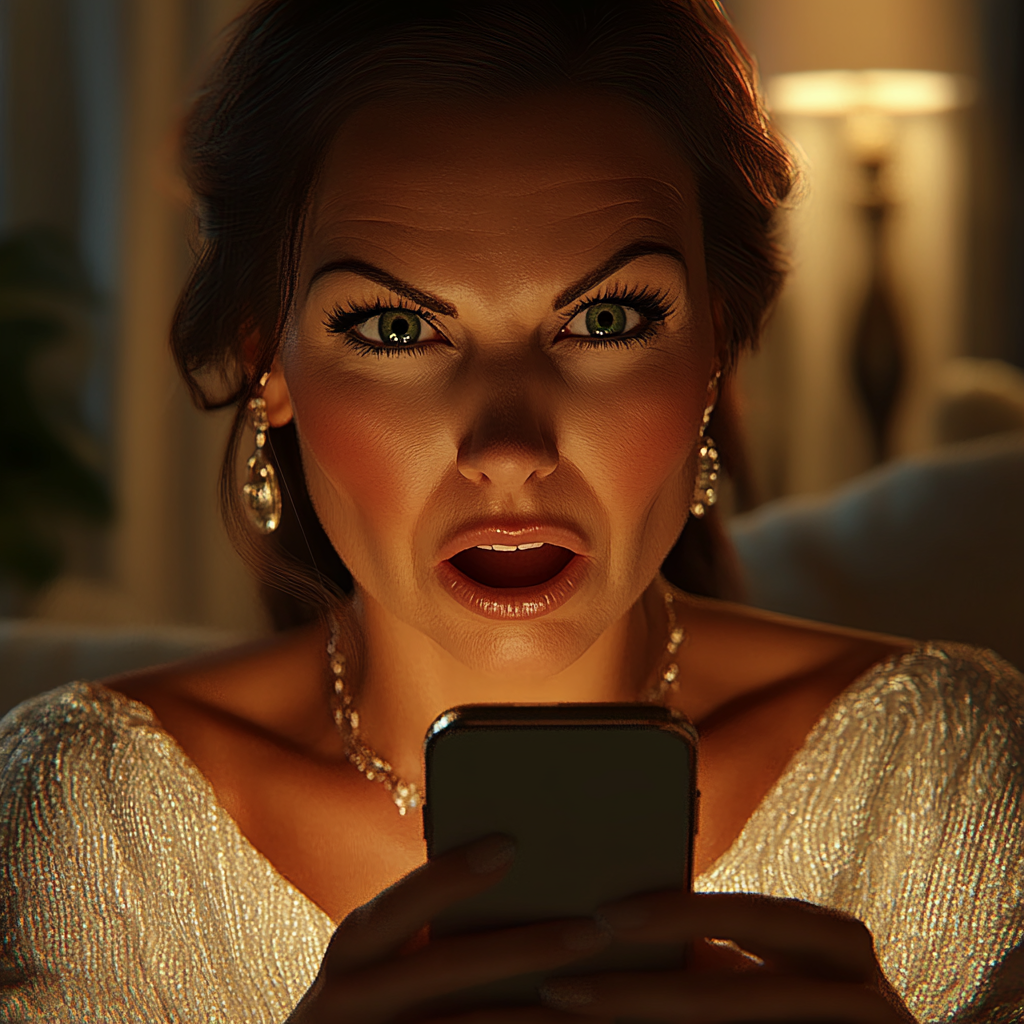 A shocked woman holding her phone | Source: Midjourney