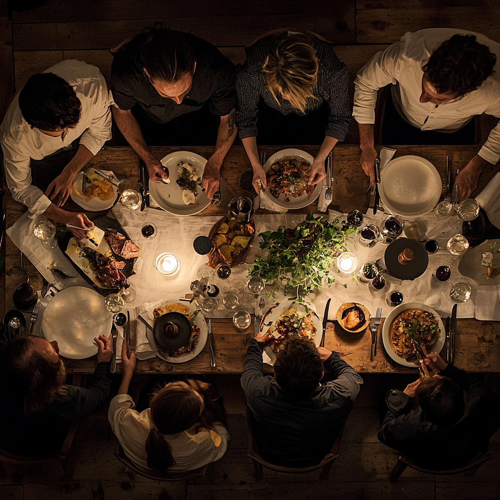 An aerial view of people at a dinner party | Source: Midjourney