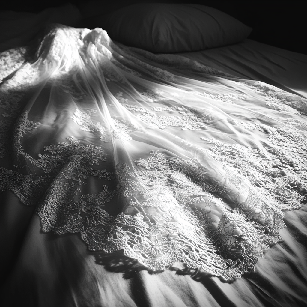 A wedding dress on a bed | Source: Midjourney