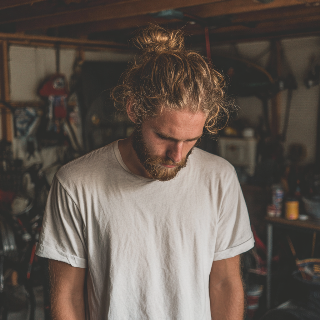 An upset man standing in a garage | Source: Midjourney