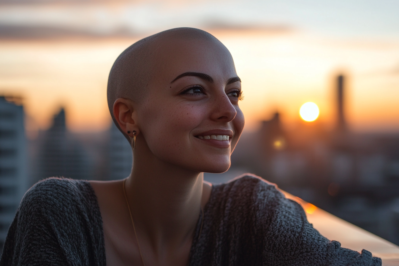 A smiling bald woman on a balcony at sunset | Source: Midjourney