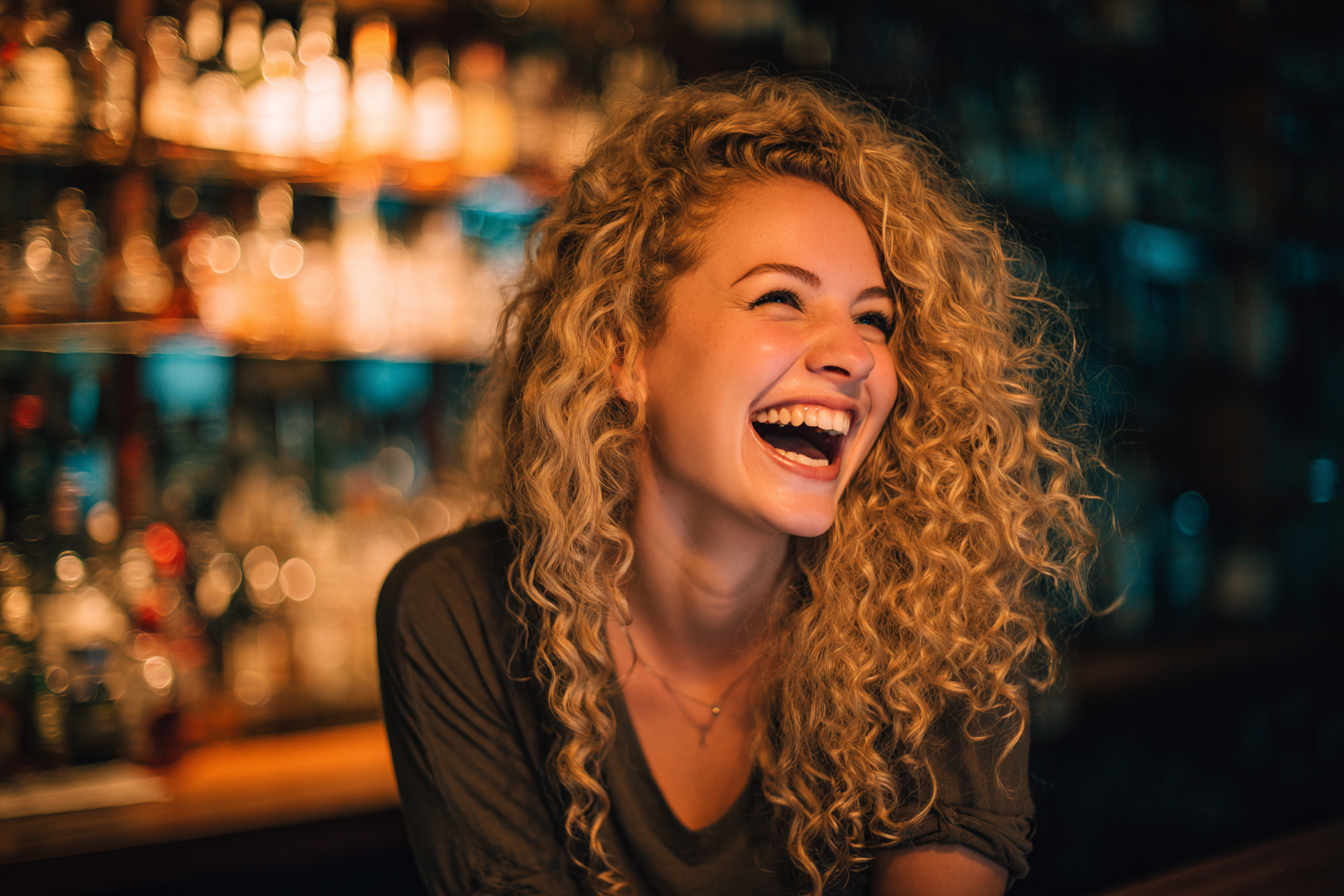A happy woman in a bar | Source: Midjourney