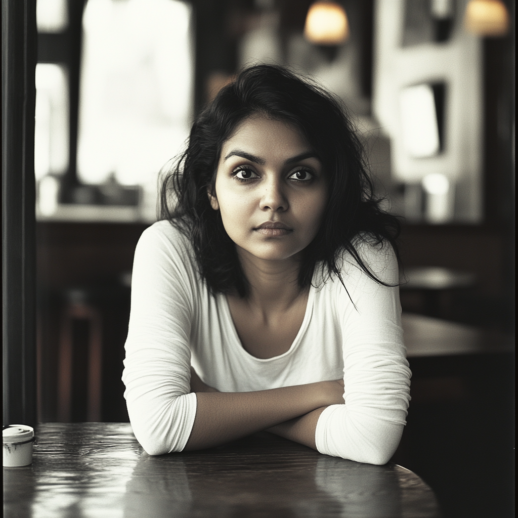 A serious woman leaning on a table | Source: Midjourney