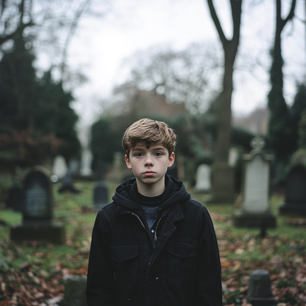 A boy at a cemetery | Source: Midjourney