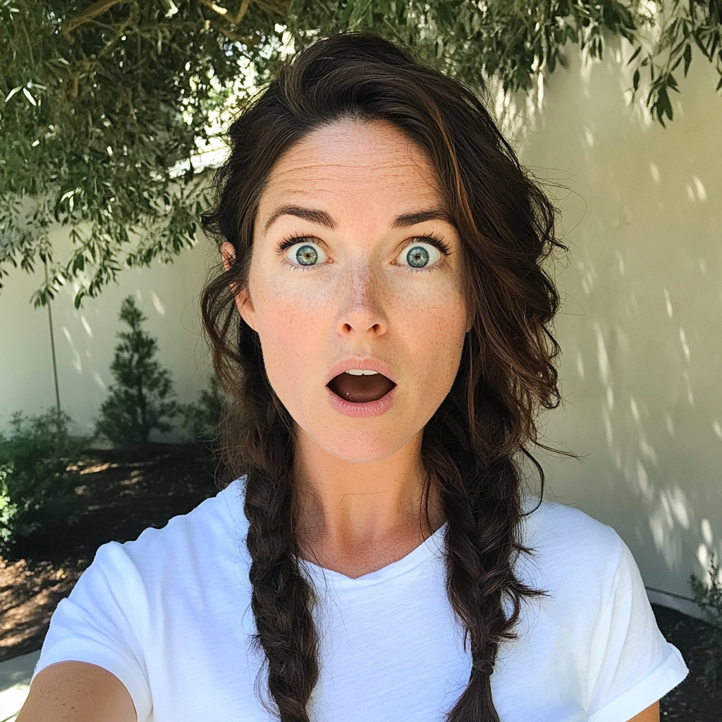 A shocked woman with braided hair | Source: Midjourney