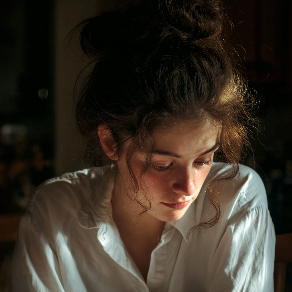 A woman sitting at a kitchen table | Source: Midjourney