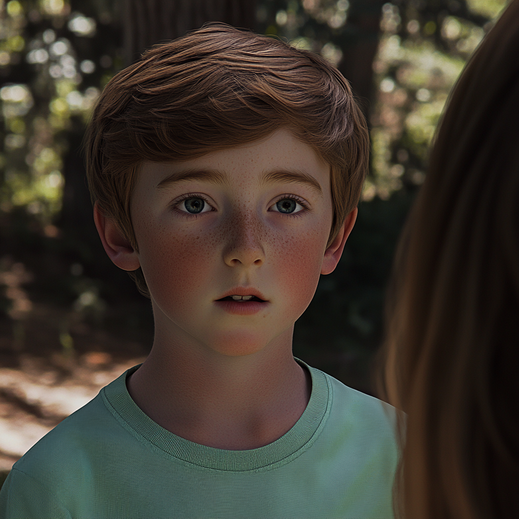 A boy talking to his mother in the forest | Source: Midjourney