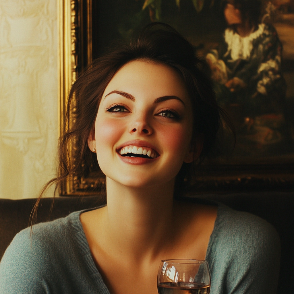 A woman laughing as she holds her wine glass | Source: Midjourney