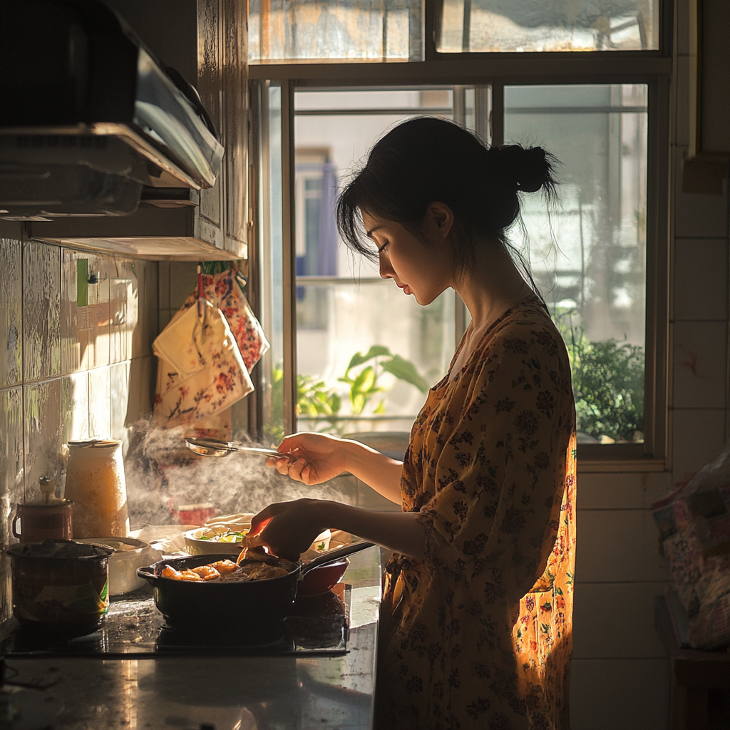 A woman cooking breakfast | Source: Midjourney