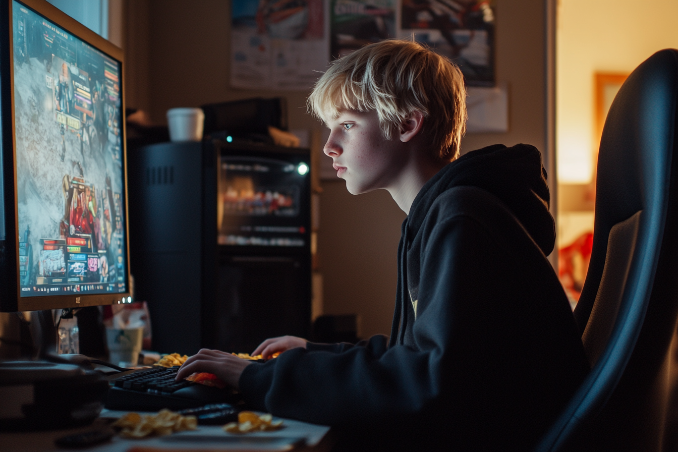 A blonde teenage boy playing computer games with chips on his desk | Source: Midjourney