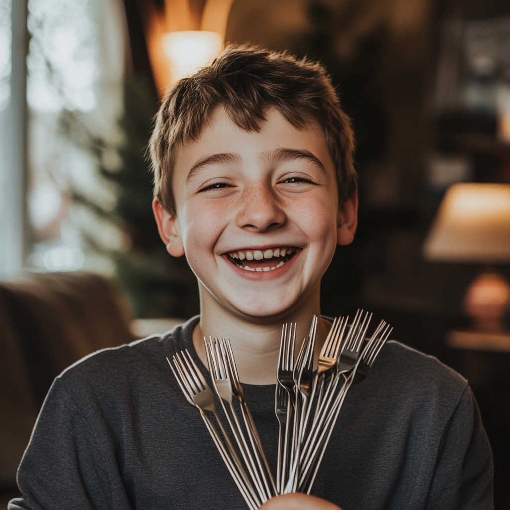 A laughing boy holding forks | Source: Midjourney