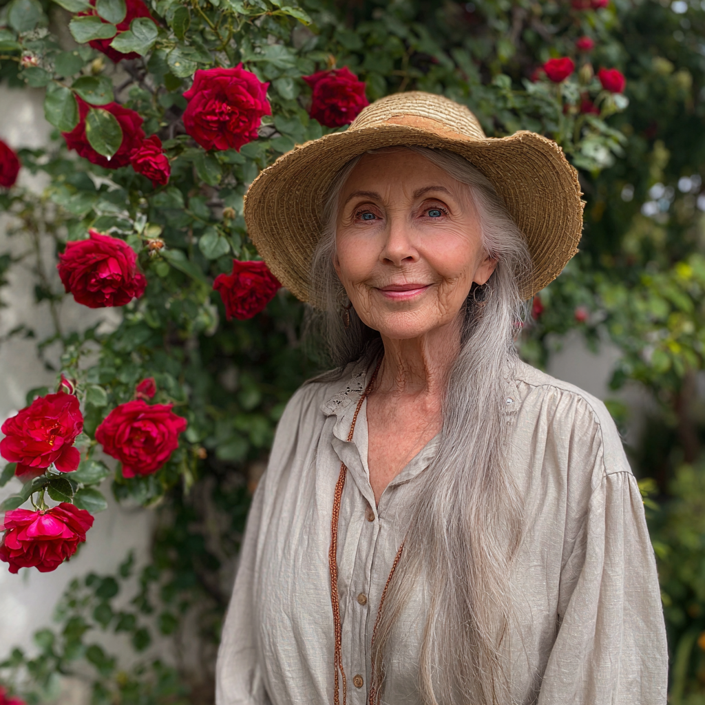 A smiling old woman standing in her garden | Source: Midjourney