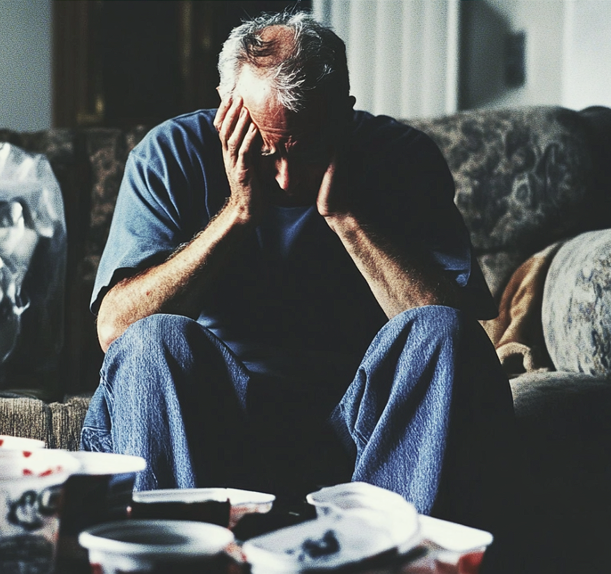 A mature man crying on a sofa | Source: Midjourney