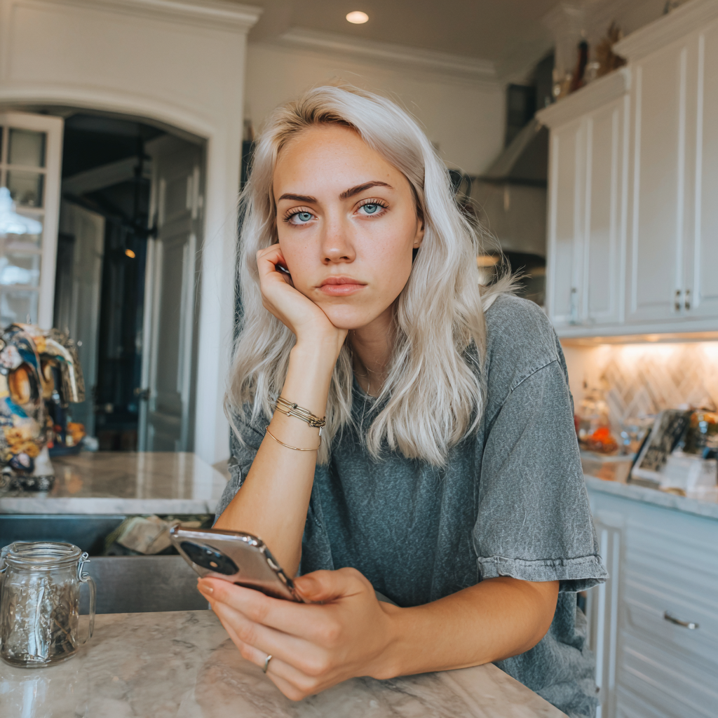 A grumpy woman using her cellphone | Source: Midjourney