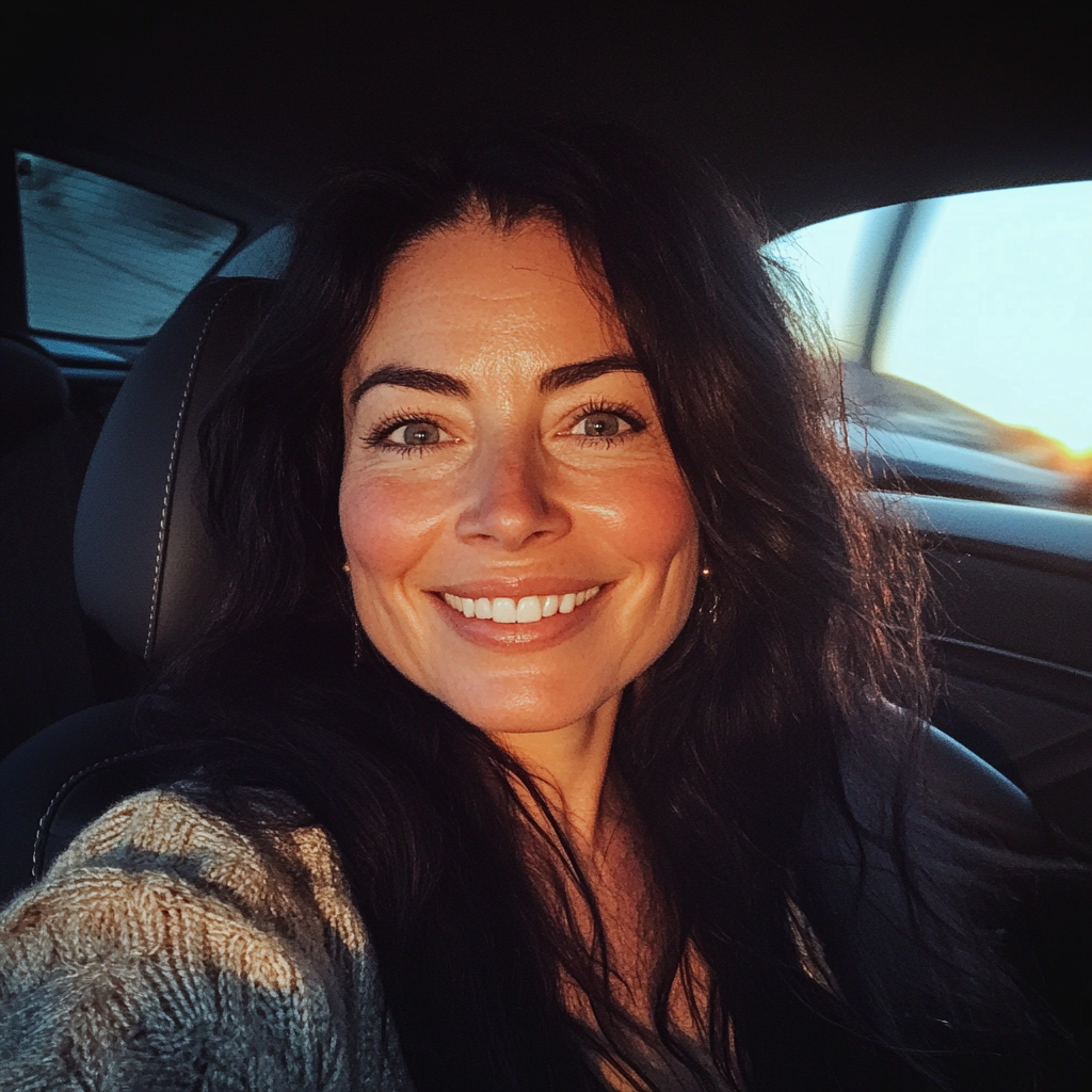 A woman sitting in a car and smiling | Source: Midjourney