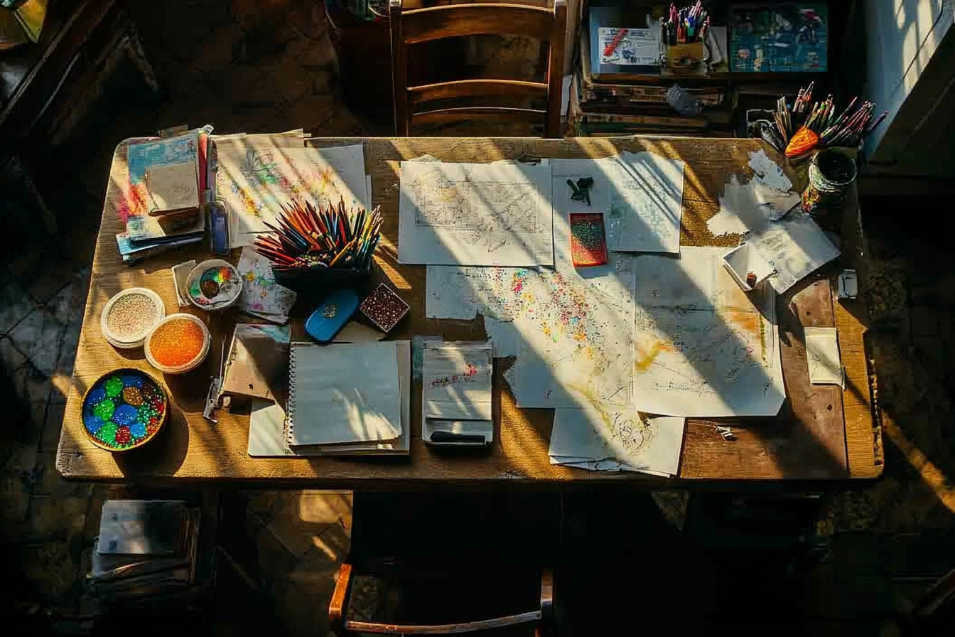 A cluttered kitchen table with papers, glitter, homework, and more | Source: Midjourney