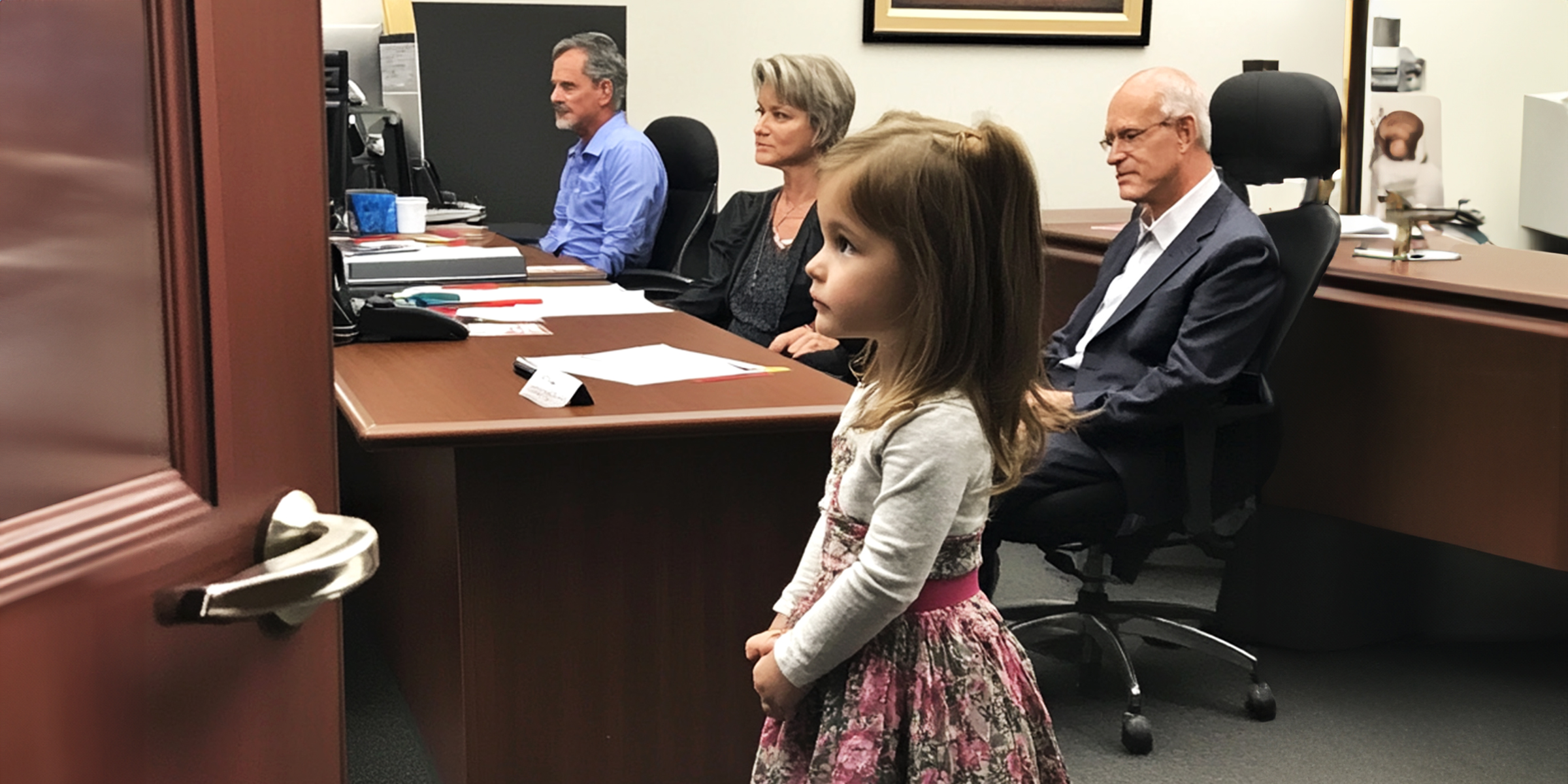 A little girl and other people in a lawyer's office | Source: Midjourney