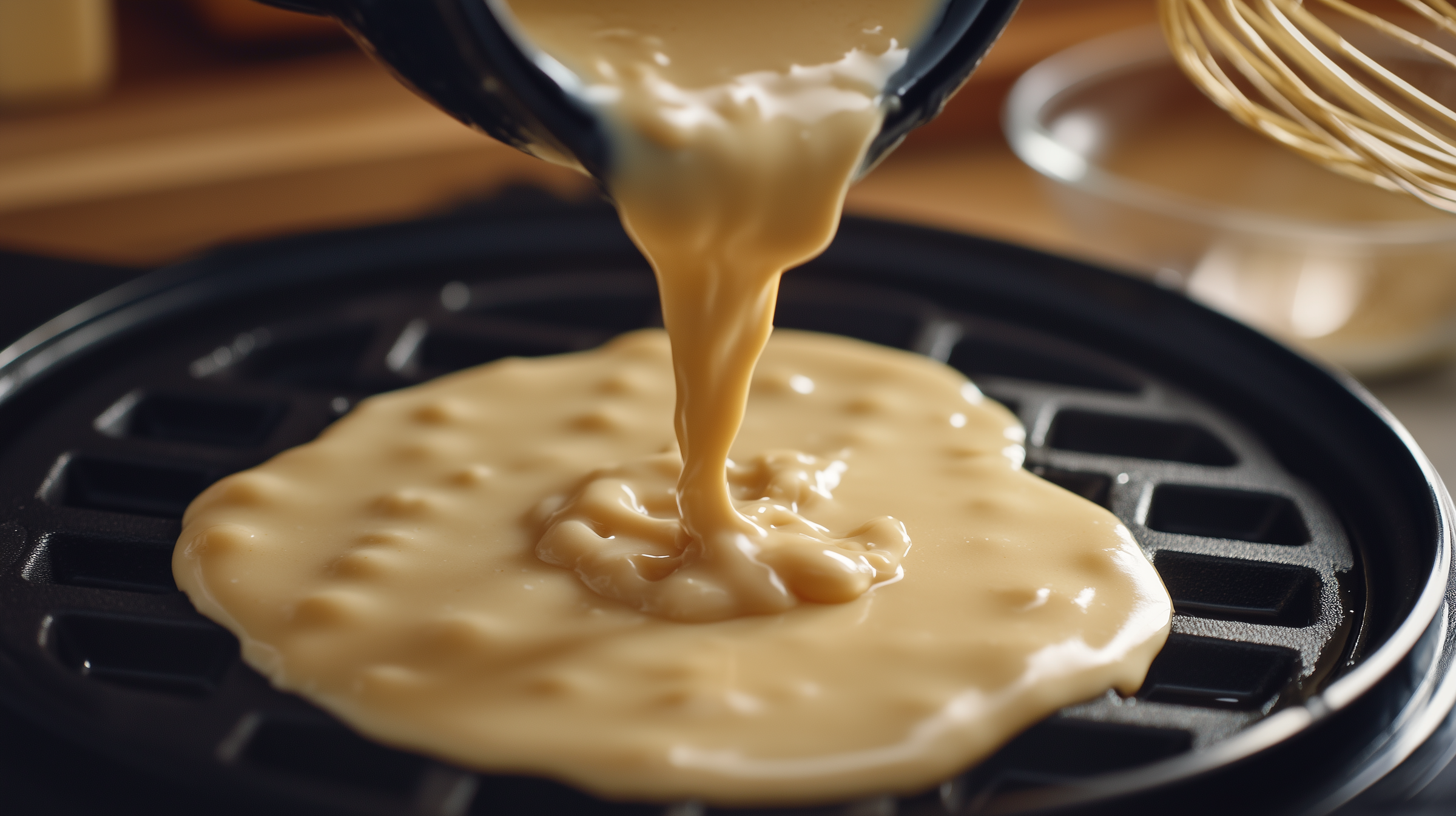 Waffle batter being poured onto a waffle iron | Source: Midjourney