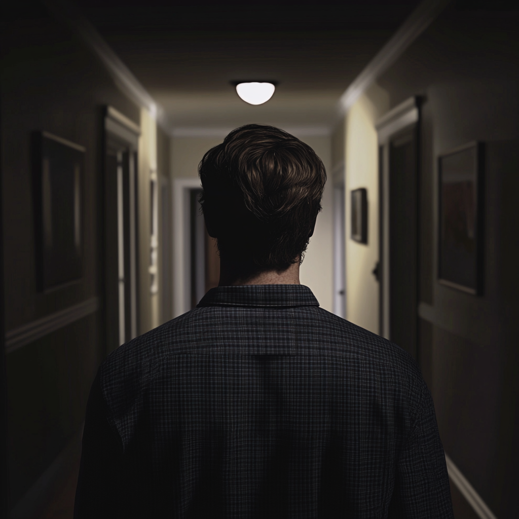 A man standing in a hallway at night | Source: Midjourney