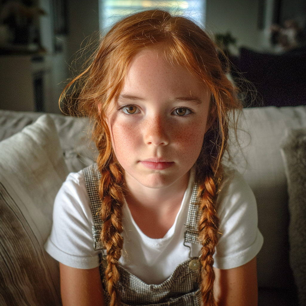 A little girl sitting on a couch | Source: Midjourney