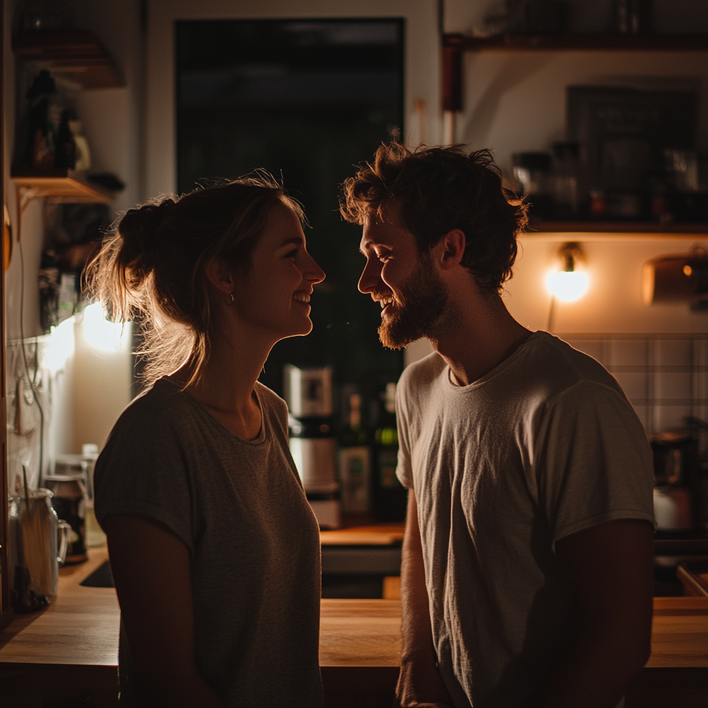 A couple talking in their kitchen | Source: Midjourney