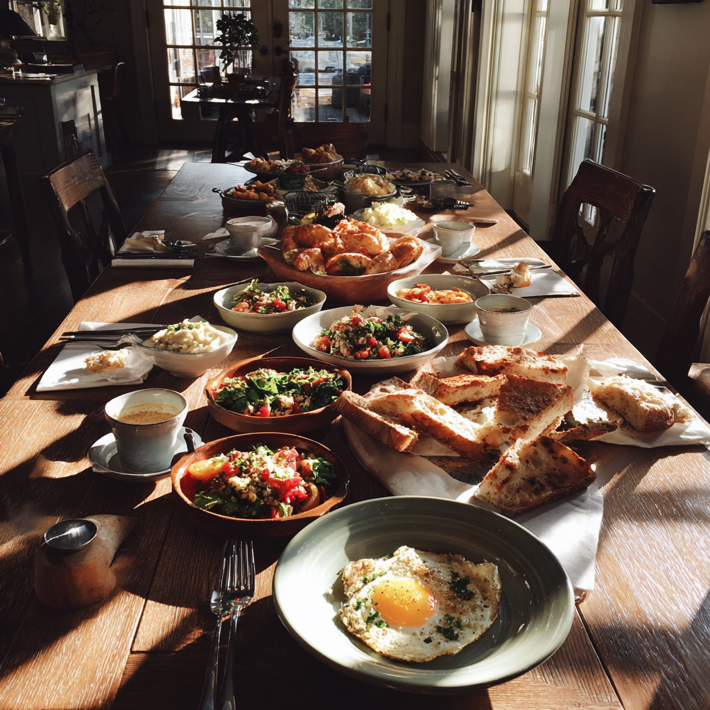 A brunch spread on a table | Source: Midjourney