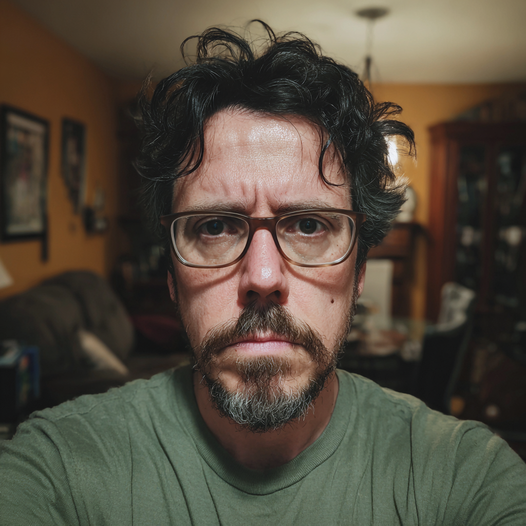 A frowning man in a green T-shirt | Source: Midjourney