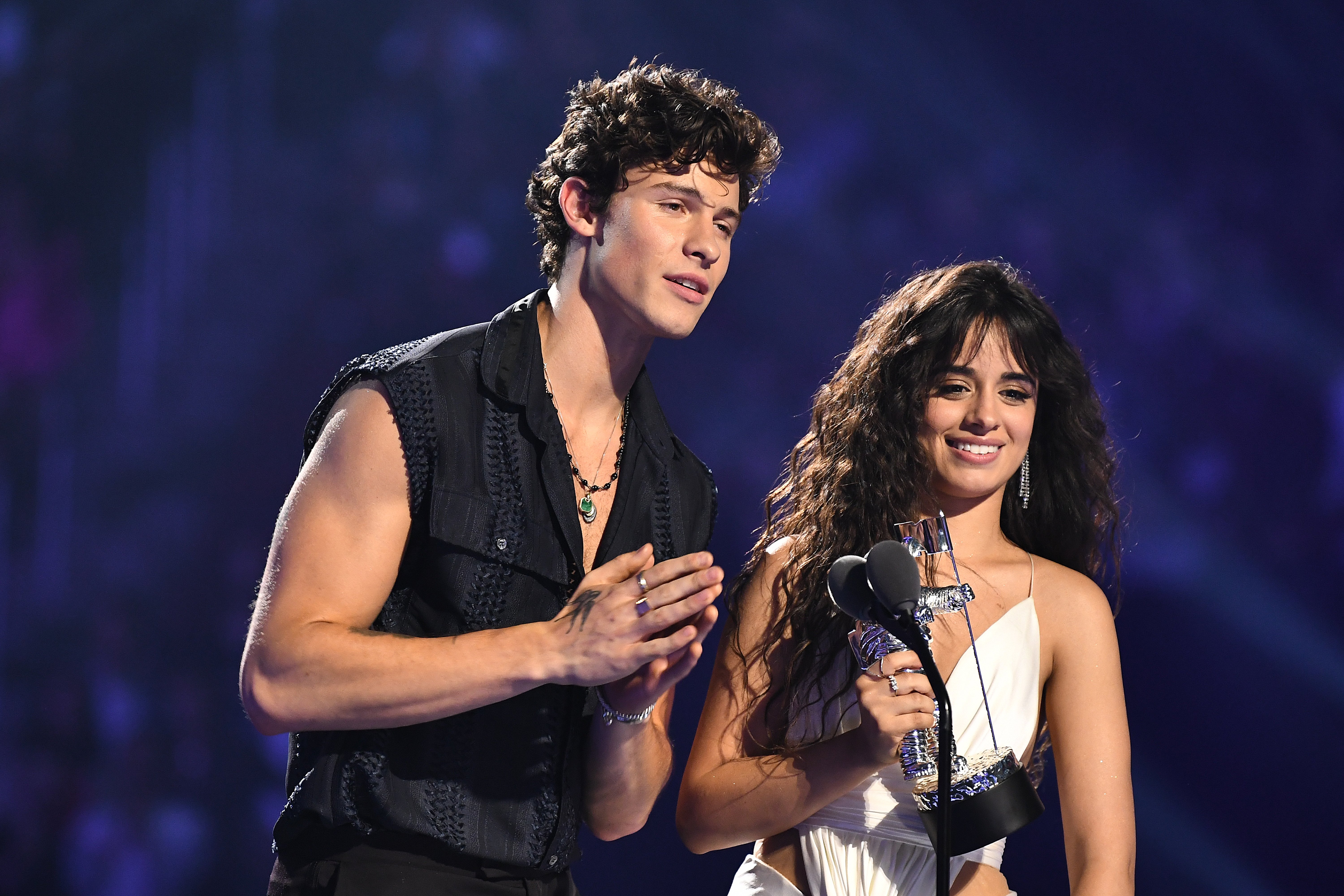 Shawn Mendes and Camilla Cabello receive the "Best Collaboration" award onstage at the 2019 MTV Video Music Awards on August 26, 2019, in Newark, New Jersey. | Source: Getty Images