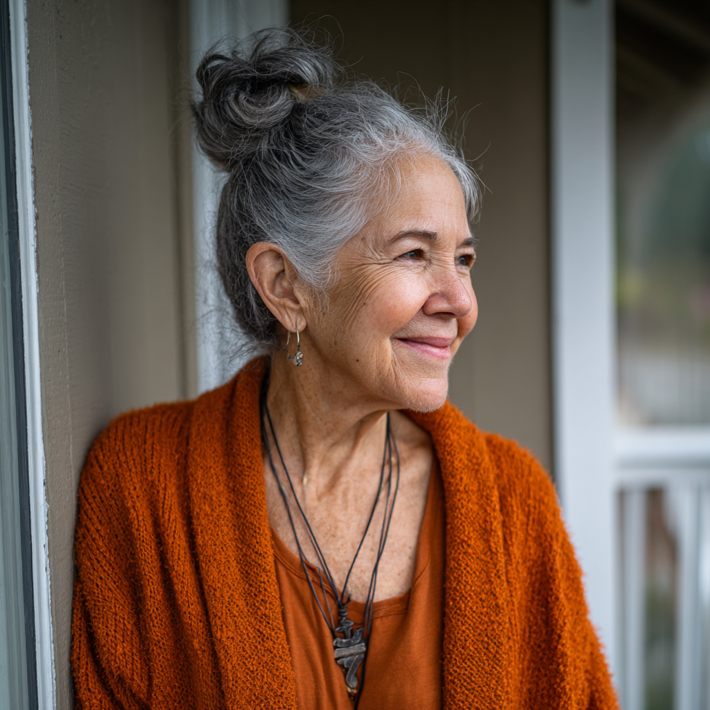 A smiling woman in an orange cardigan | Source: Midjourney