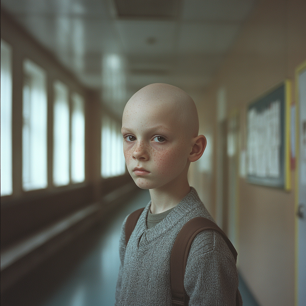 A bald boy standing in a school corridor | Source: Midjourney