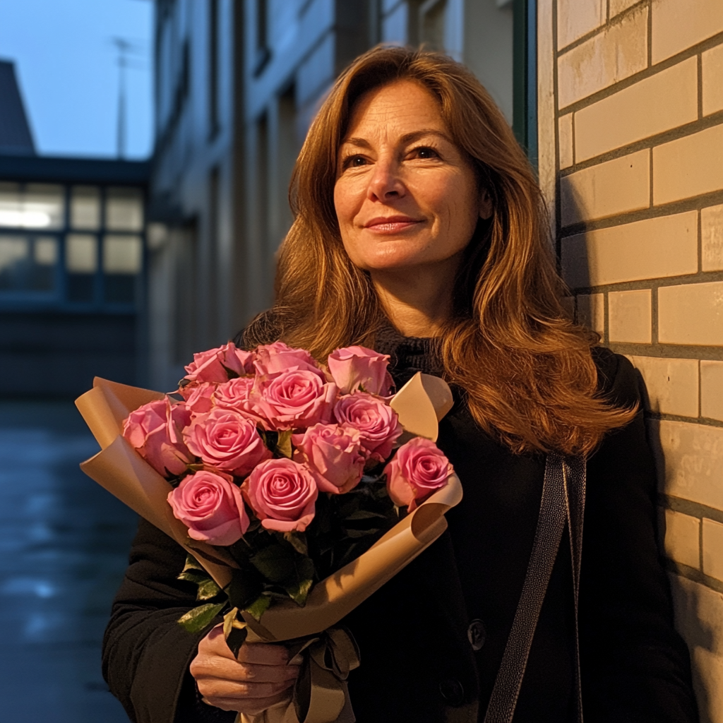 A woman holding a bouquet of roses | Source: Midjourney