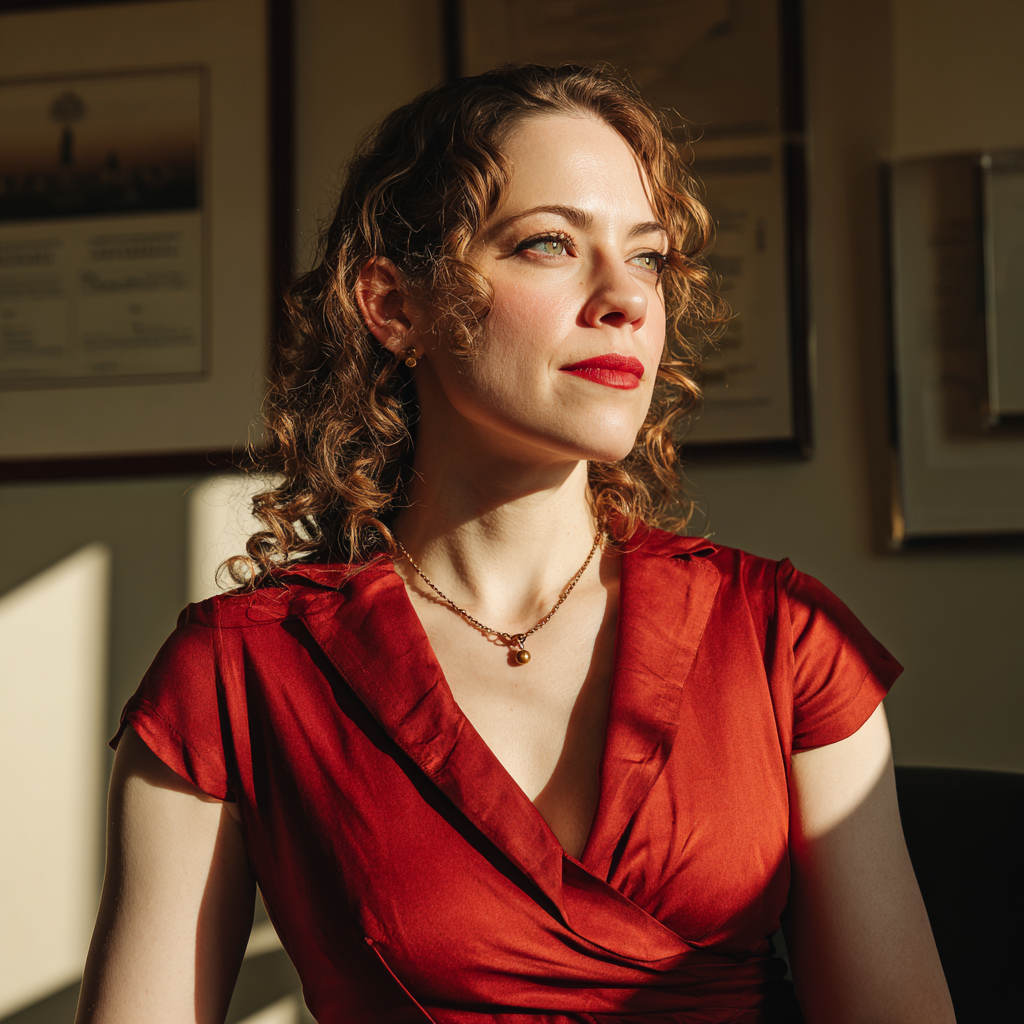 A woman in a red dress sitting in a lawyer's office | Source: Midjourney