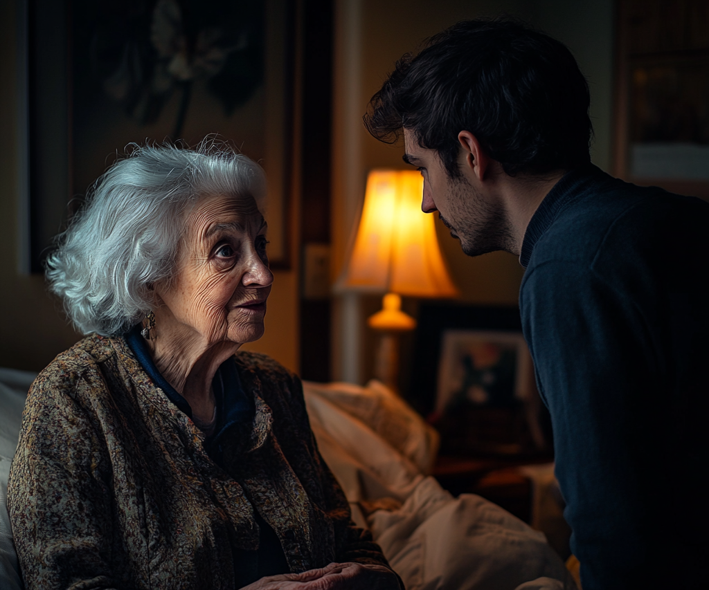 A senior woman looking shocked after her grandson kicks her out of the house.