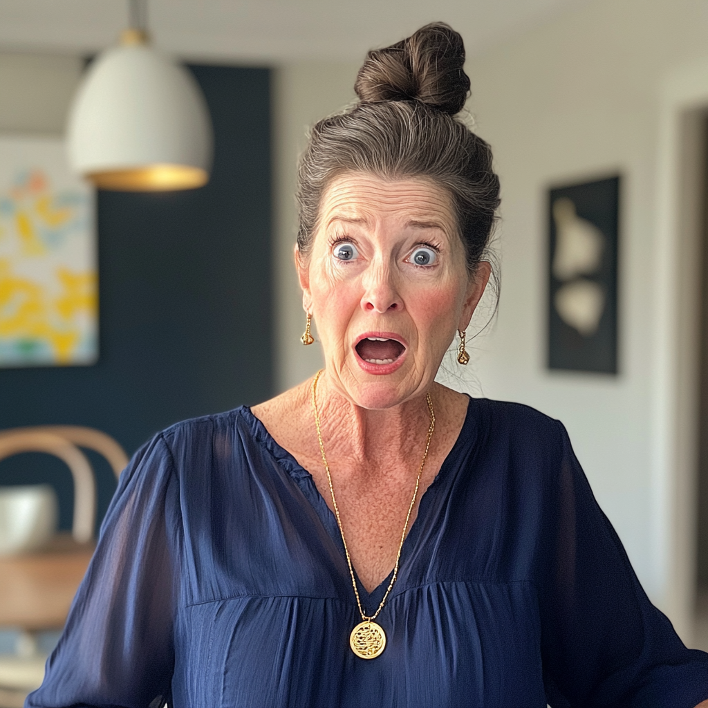A shocked older woman wearing a navy blouse | Source: Midjourney
