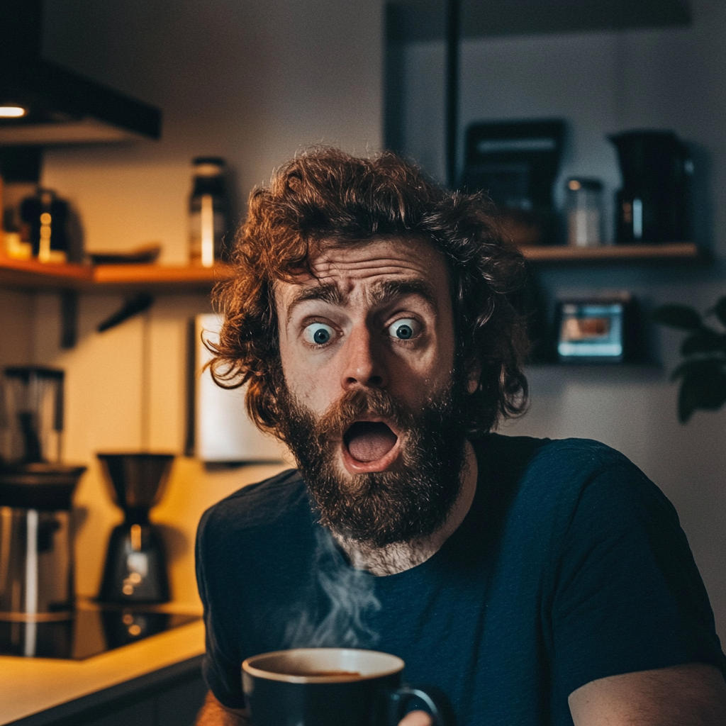 A bewildered man with his coffee | Source: Midjourney