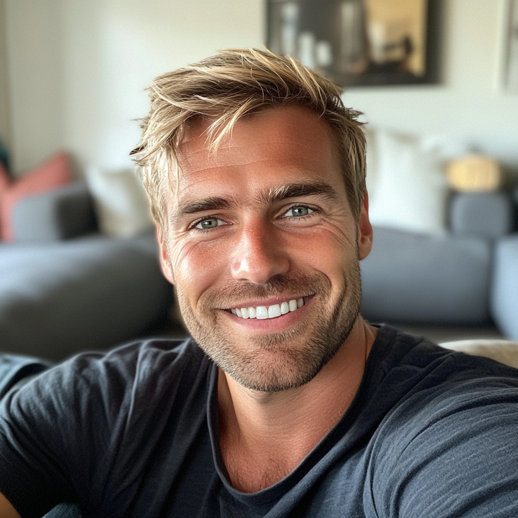 A man sitting on a living room couch | Source: Midjourney