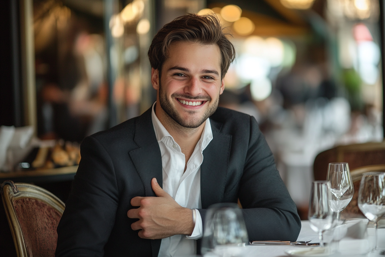 A man in a restaurant resting one hand against his chest | Source: Midjourney