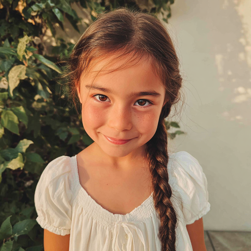 A smiling little girl wearing a white dress | Source: Midjourney