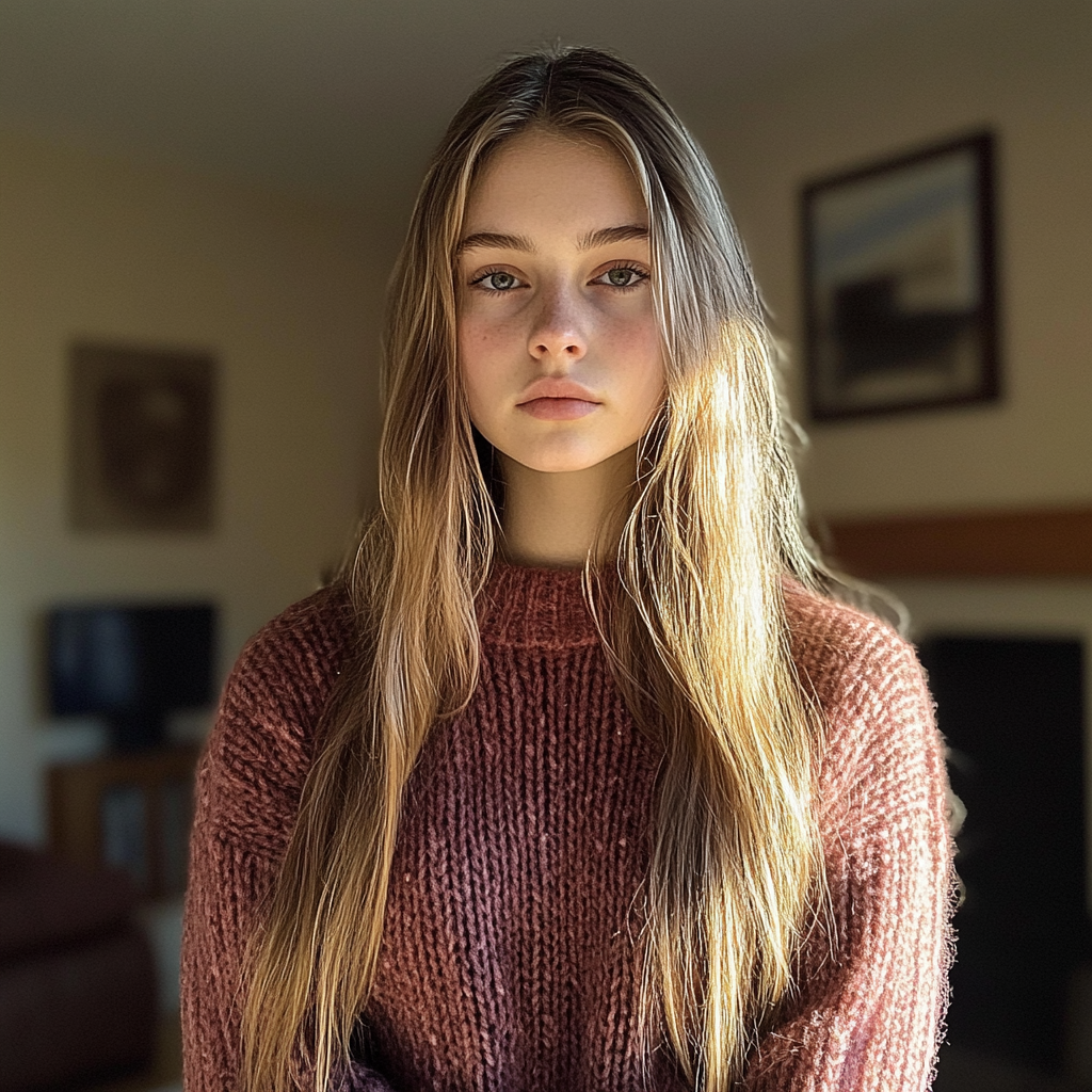 A young woman standing in a living room | Source: Midjourney