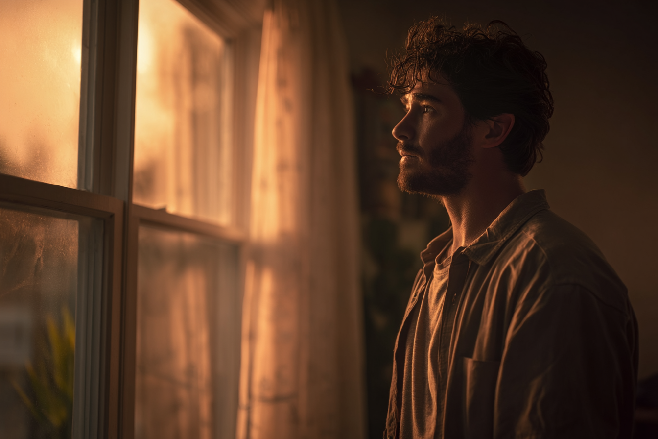 A man looking outside a window | Source: Midjourney