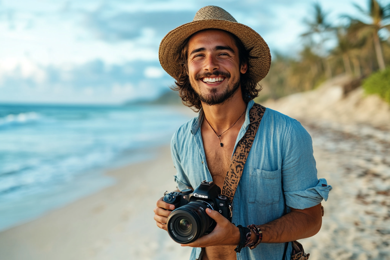 A grinning man holding a camera on the beach | Source: Midjourney