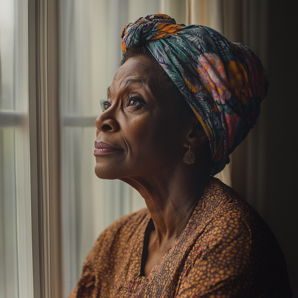 A woman looking outside a window | Source: Midjourney